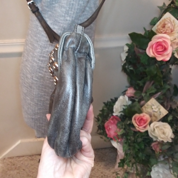 Badgley Mischka Charcoal Leather Boho/Rocker Chic Silver Studded Crossbody Purse - Picture 5 of 13